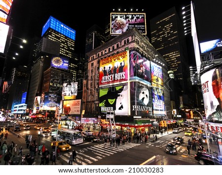 NEW YORK CITY, USA - MARCH 03, 2011: Times Square at night with Broadway Theaters and animated LED signs, symbol of New York City and the United States.