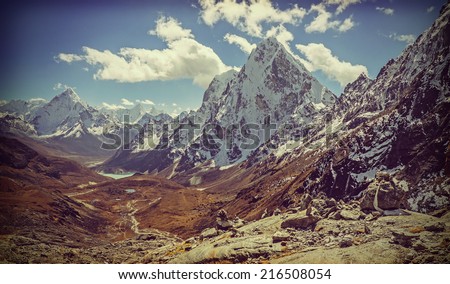 Retro vintage filtered picture of Himalaya mountains landscape, Nepal.