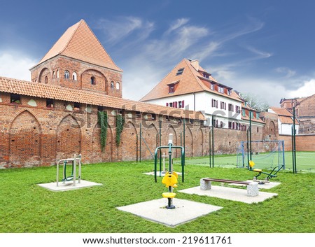 Gym in an old city park, sports ground in the open air.