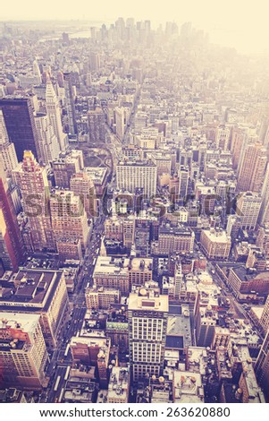 Vintage old film stylized aerial picture of New York City downtown, USA