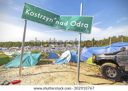 KOSTRZYN NAD ODRA, POLAND - AUGUST 1, 2015: City name board on the 21th Woodstock Festival Poland, one of the biggest open air festivals in Europe.
