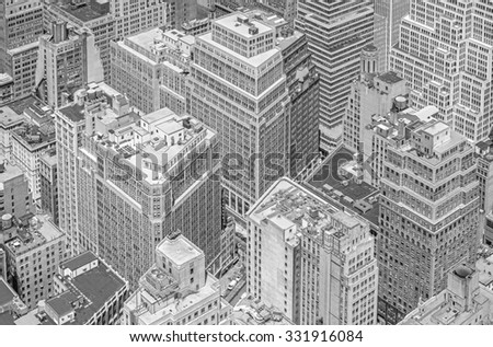 Black and white picture of highrise buildings, Manhattan in New York City, USA.