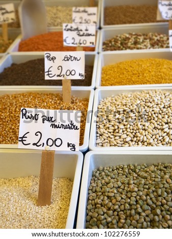 Colorful array of pulses, grains and rice, Catania, Sicily, Italy