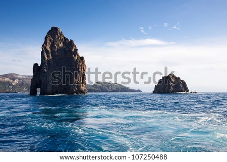 Aeolian Islands, two cliffs near Vulcano Island, Tyrrhenian Sea, Sicily, Italy