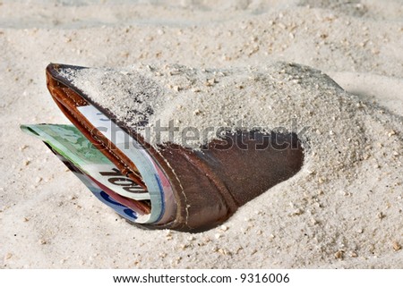 Wallet with money lost in the sand