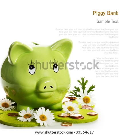 Conserve the environment and save money, green piggy bank between daisies and coins on flower shaped felt meadow