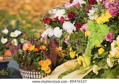 Bunch of flowers and flower pot with Erica flower  on grave