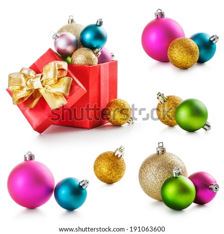 Red gift box with gold ribbon and christmas balls collection on white background