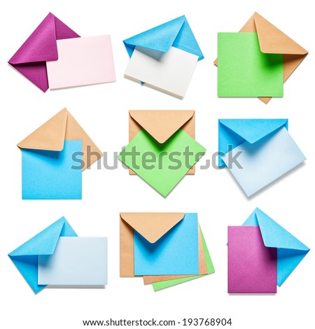 Colorful envelopes with greeting card collection isolated on white background