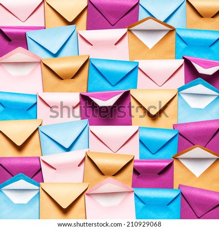 Background with rows of colorful envelopes, Pink, blue and brown envelope collection.