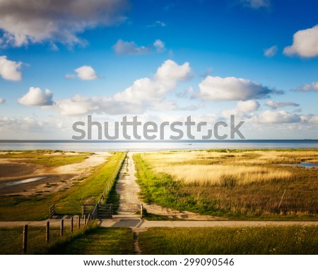 Dune landscape with path way to the beach. North sea coast with cloud sky.  Nature reserve and travel destination in Germany