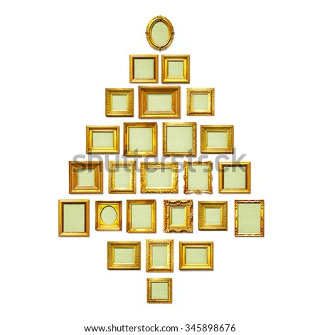 Antique golden frames as christmas tree. Holiday background. Objects group on white background. Copy space