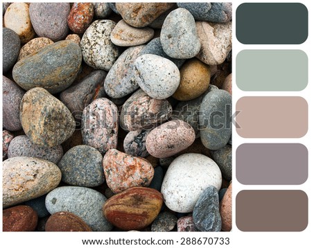 Sea stones background  texture, garden pile of pebbles, background colour palette with color swatch