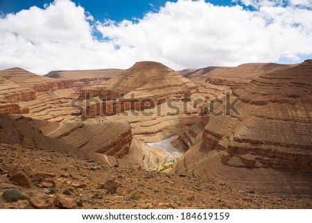 Canyon Morocco Dades in Atlas Mountains, Africa. Background blue sky with clouds. Beautiful World.