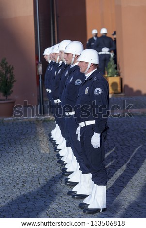 GIRESUN, TURKEY - MARCH 31: Police welcoming ceremony team in line stands at the ceremony of visit of minister of transportation and communications on march 31, 2013 in giresun, Turkey