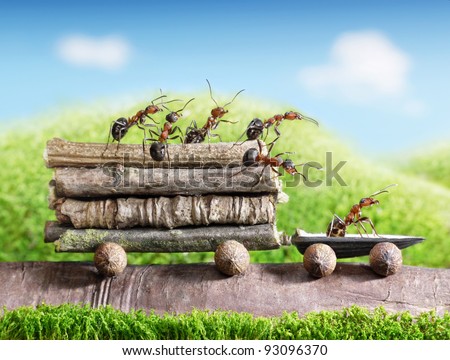 team of ants carries logs with trail car, teamwork, ecofriendly transportation