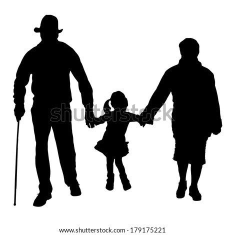 Vector silhouette of old people with a child on a white background.
