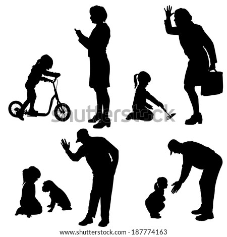Vector silhouette of people with children in various situations.