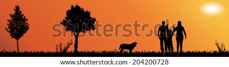 Vector silhouette landscape with trees at sunset.