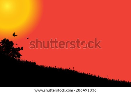 Vector silhouette landscape with butterfly at sunset background.