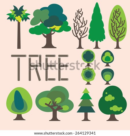 TREE\
Collection of simple graphic trees, green trees and dried tree are showing structure of nature plant.
