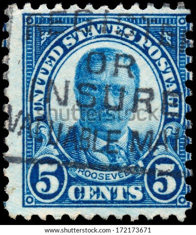 UNITED STATES - CIRCA 1922: Vintage US Postage Stamp celebrating Theodore Roosevelt, the twenty-sixth President of the United States of America, circa 1922.