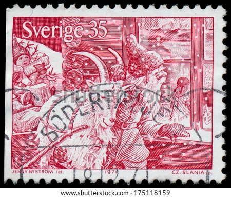 SWEDEN - CIRCA 1971: a stamp printed by SWEDEN shows Santa Claus and Christmas Goat. Engraving after drawing Jenny Eugenia Nystrom, circa 1971.