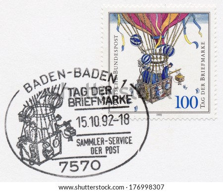 GERMANY - CIRCA 1992: a stamp printed in the Germany shows Balloon Post, Stamp Day, circa 1992
