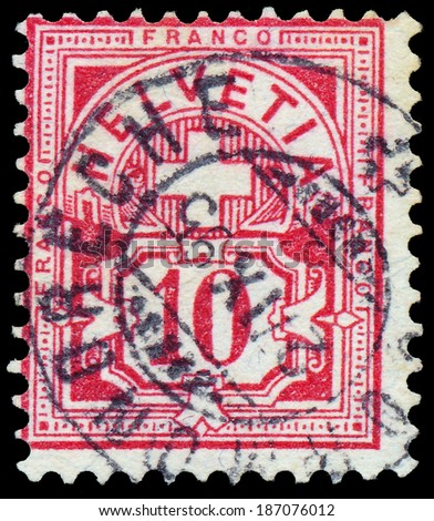 SWITZERLAND - CIRCA 1882: A stamp printed in the Switzerland shows value and the cross, circa 1882