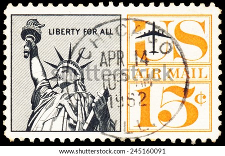 UNITED STATES - CIRCA 1950 : A stamp printed in United States. Statue of Liberty Airmail postage stamp. United States - CIRCA 1950.