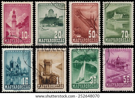 HUNGARY - CIRCA 1947: Set of stamps printed by Hungary, shows hungarian Landscapes, Monuments, circa 1947