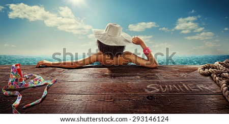 Woman Sunbathe Sunny Summer Beach Relaxing Concept