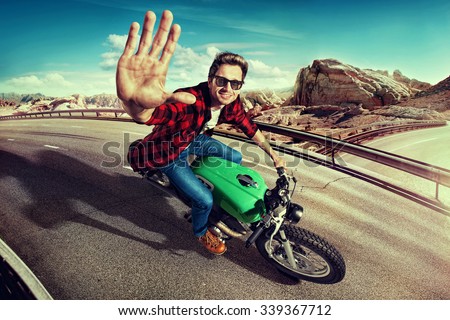 Man riding motorcycle in  highway. Top view