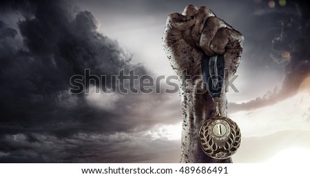 Sport. Winner with the medal. Sport concept background