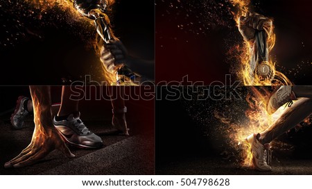 Sports background. Sport collage with fire and energy
