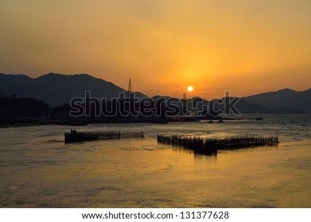 Korean Traditional Method for Fishing anchovy by flow of sea water, using bamboo fence