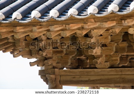 YEONGJU, KOREA - OCTOBER 15, 2014: Roof support system of Anyangru, one of architectures at Buseoksa Temple, built in Joseon dynasty period.