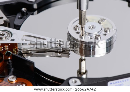 Disassemble Hard disk drive with star shape screw driver. The driver loosen a screw on the platter at the side of head arm.