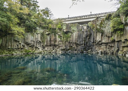 Cheonjeyeon No. 1 cascade. Cheonjeyoen falls (means the pond of God) consists of 3 falls. A variety of plant life, inclued Psilotum nudun, thrives around the falls.