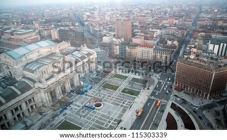Aerial view of Milano Centrale railway station (Milan, Italy). Milano Centrale is the main railway station of Milan, Italy, and one of the main railway stations in Europe.
