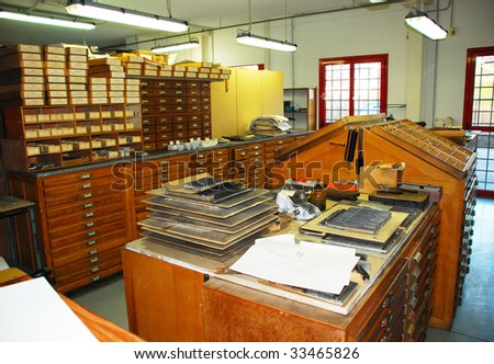 Old print shop with trays of lead fonts