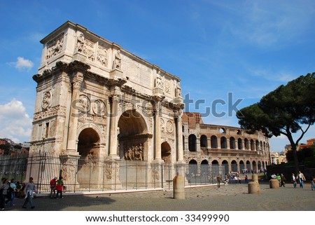 The Arch of Constantine (Italian: Arco di Constantino) is a triumphal arch in Rome, situated between the Colosseum and the Palatine Hill.