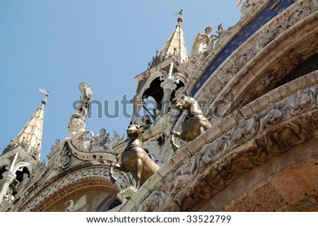 Venice - Detail of San Marco Cathedral. Saint Mark's Basilica, the cathedral of Venice, is the most famous of the city's churches and one of the best known examples of Byzantine architecture
