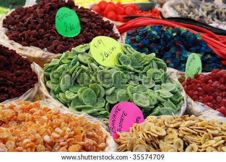 Colorful dried fruits and candied fruits