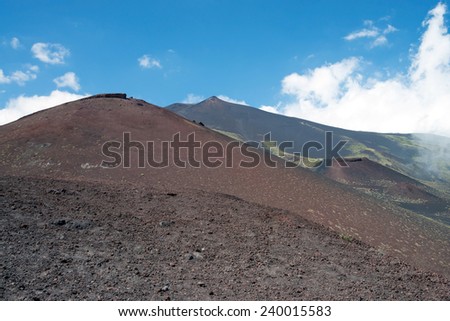Active stratovolcano Etna, Italy. Mount Etna is an active stratovolcano on the east coast of Sicily, Italy, in the Province of Catania, between Messina and Catania.