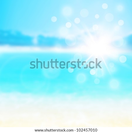 Blue blur natural abstract background, sandy beach backdrop with turquoise water, bright white sun light with bokeh, travel and summer holidays concept