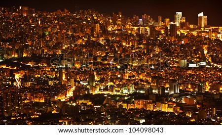 Night city background, beautiful urban cityscape, Beirut with street lights, high buildings and skyscrapers,panoramic dark town pattern, Middle East , Lebanon