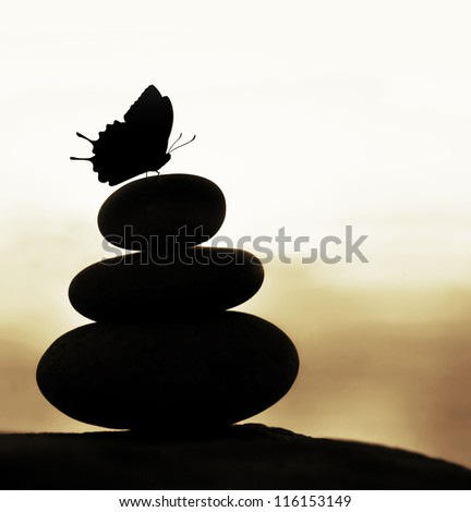 Image of zen balance still life, abstract peaceful background, silhouette of stacked round stone and beautiful butterfly on the top, feng shui, harmony meditation, day spa concept