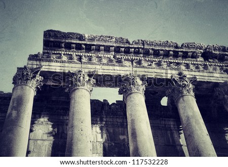 Photo of ancient columns ruins, antique roman architecture, baalbeck column, middle east, old city, famous historical monument, retro style picture, tourism and travel destination