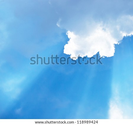 Photo of blue cloudy sky, sunbeam through white fluffy clouds, warm summer weather, God on heaven, abstract background, beautiful cloudscape, scenery skyscape, bright sunshine, natural backgrounds